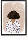 Een ingelijste Persoon Met Overhemd-illustratie van CollageDepot toont de rug van een persoon met kort, krullend donker haar. Het individu is gekleed in een wit kledingstuk versierd met blauwe verticale streepjespatronen. Het abstracte schilderij heeft een beige achtergrond met enkele witte golvende lijnen in de rechterbovenhoek.,Zwart-Zonder,Lichtbruin-Zonder,showOne,Zonder