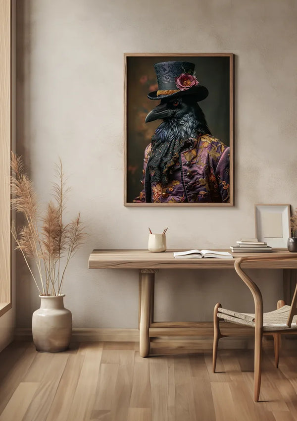 Aan de muur boven een houten bureau hangt een wanddecoratie met een afbeelding van een kraai gekleed in een sierlijke paarse jas en hoge hoed met een bloem. Op het bureau ligt een gesloten boek, een open notitieboekje met een potlood, een mok en pampagras in een pot ernaast. Het Ravenroyalty Schilderij van CollageDepot voegt charme toe aan de gezellige werkruimte.,Lichtbruin