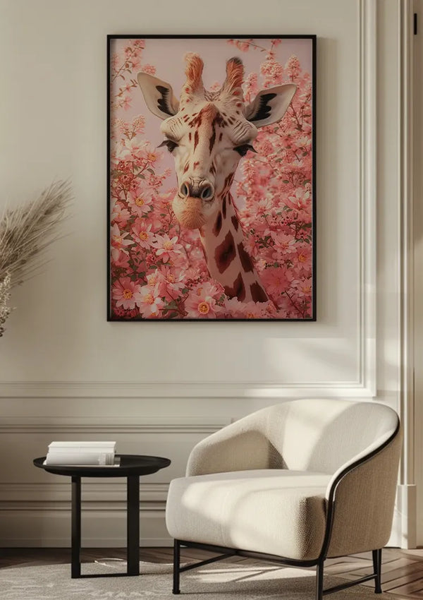In een kamer met lichtgekleurde muren hangt een schilderij De Giraffe In Bloesempracht van CollageDepot met een achtergrond van roze bloemen, opgehangen met behulp van een magnetisch ophangsysteem boven een lichtbeige gestoffeerde stoel en een kleine zwarte ronde tafel. Gedroogde planten worden in de hoek van de kamer geplaatst, wat de wanddecoratie versterkt.,Zwart