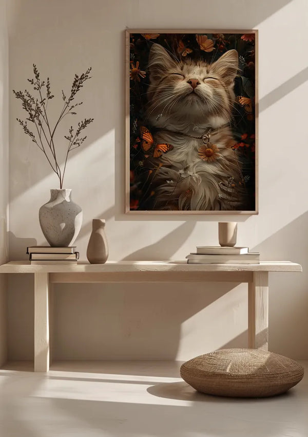 Een minimalistische kamer met een houten bank bevat een Fluffy Cat Rusting Among Flowers Schilderij van CollageDepot van een tevreden kat omringd door vlinders en bloemen. Op de bank staan twee keramische vazen en een boekje. Een rond kussen rust op de vloer en natuurlijk licht stroomt door een raam naar binnen, wat de serene wanddecoratie versterkt.,Lichtbruin
