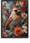 Deze ingelijste foto is een prachtig stukje wanddecoratie en toont een kardinaalvogel, gelegen tussen een reeks rode en oranje bloemen en groen gebladerte, met verschillende vlinders die op de achtergrond fladderen. De kardinaal heeft een oranje snavel en levendige rode en bruine veren, perfect voor elke kamer. Het **De Kardinaalvogel Schilderij** van **CollageDepot** is perfect voor elke kamer.,Zwart-Zonder,Lichtbruin-Zonder,showOne,Zonder