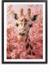 Een ingelijst De Giraffe In Bloesempracht Schilderij van CollageDepot toont een giraffe die te midden van een dichte cluster van roze bloemen staat. Het hoofd en de nek van de giraffe zijn zichtbaar en hij heeft een rustige uitdrukking. Deze betoverende wanddecoratie voegt charme toe aan elke ruimte met de levendige roze tinten van de bloesems op de achtergrond.,Zwart-Met,Lichtbruin-Met,showOne,Met