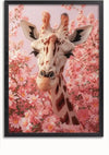 Een magnetisch ophangsysteem toont een ingelijst schilderij De Giraffe In Bloesempracht van CollageDepot, met het hoofd en de nek van de giraffe omringd door talloze roze bloemen. De giraffe heeft opvallende bruine vlekken en grote oren, afgezet tegen een achtergrond van bloeiende roze bloemen, waardoor het een prachtige wanddecoratie is voor elke kamer.,Zwart-Zonder,Lichtbruin-Zonder,showOne,Zonder