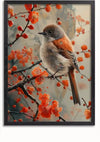 A Vogeltje In Bloesemtijd Schilderij van CollageDepot toont een kleine vogel met grijze en oranje veren, neergestreken op een tak met levendige oranje bloemen. De zacht onscherpe achtergrond vestigt de aandacht op de vogel en de bloemen. Dit prachtige stukje wanddecoratie is voorzien van een handig magnetisch ophangsysteem voor eenvoudige weergave.,Zwart-Zonder,Lichtbruin-Zonder,showOne,Zonder