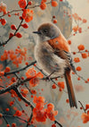 Een kleine vogel met bruin en oranje verenkleed zit op een tak versierd met levendige oranje bloemen. De achtergrond is een zachte, gedempte mix van kleuren, waardoor de nadruk wordt gelegd op de vogel en de bloesems op de voorgrond, waardoor het perfect is als het Vogeltje In Bloesemtijd Schilderij van CollageDepot voor elke wanddecoratie.