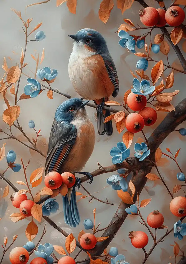 Twee vogels met blauwe en oranje veren zitten op de takken van een boom versierd met blauwe bladeren en oranje bessen. Dit levendige Birds On A Scenic Branch-schilderij van CollageDepot dient als een voortreffelijk stukje wanddecoratie, dat perfect contrasteert met een zachte, gedempte grijze achtergrond.