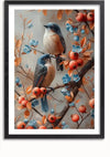 Een prachtig Birds On A Scenic Branch-schilderij van CollageDepot, dit ingelijste kunstwerk toont twee blauwe en oranje vogels die op een boomtak zitten, versierd met oranje en blauwe bloemen en kleine ronde vruchten. De achtergrond heeft een gedempt verloop, wat de levendige kleuren van de vogels en flora versterkt, waardoor het een perfecte wanddecoratie is.,Zwart-Met,Lichtbruin-Met,showOne,Met