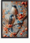 Een ingelijst Birds On A Scenic Branch-schilderij van CollageDepot toont twee kleine vogels die op takken zitten, versierd met oranje en blauwe bloemen, evenals rode bessen. De vogels hebben blauwe en witte veren en bevinden zich tegen een zachte, neutrale achtergrond, waardoor ze een charmant stukje wanddecoratie vormen voor elke kamer.,Zwart-Zonder,Lichtbruin-Zonder,showOne,Zonder