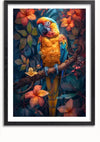 Op een ingelijste Papegaai in Bloeiende Schoonheid Schilderij van CollageDepot is een kleurrijke papegaai afgebeeld die op een tak zit. De papegaai heeft levendige oranje, blauwe en gele veren. Rondom de vogel bevinden zich weelderige groene bladeren en verschillende oranje bloemen, waardoor een tropische setting ontstaat, allemaal moeiteloos weergegeven met een magnetisch ophangsysteem.,Zwart-Met,Lichtbruin-Met,showOne,Met