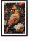 Een ingelijste De Kardinaal in Bloemenpracht Schilderij van CollageDepot toont een kardinaalvogel te midden van een verscheidenheid aan bloemen en bladeren. De donkere achtergrond benadrukt het levendige rode en oranje verenkleed van de vogel. Deze prachtige wanddecoratie bestaat uit rozen, madeliefjes en kleine zichtbare insecten, waardoor een betoverend tafereel ontstaat.,Zwart-Met,Lichtbruin-Met,showOne,Met