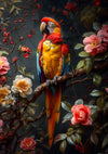 Een kleurrijke papegaai met rode, gele en blauwe veren zit op een tak. Rondom de vogel zijn takken versierd met rode bessen en roze en witte bloemen, allemaal tegen een donkere achtergrond - perfect voor een onderscheidend Tropisch Pracht Schilderij van CollageDepot.
