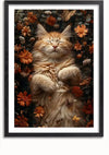 Een ingelijste afbeelding van een oranje kat die op zijn rug ligt met gesloten ogen, omringd door oranje bloemen en vlinders. De achtergrond is donker en contrasteert met de heldere bloemen en de vacht van het kitten. Deze charmante wanddecoratie, het Cat Nap Between Beautiful Flowers Schilderij van CollageDepot, wordt eenvoudig tentoongesteld met behulp van een magnetisch ophangsysteem.,Zwart-Met,Lichtbruin-Met,showOne,Met