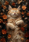 Een oranje kat ligt op zijn rug met gesloten ogen, omringd door oranje bloemen, gedroogde bladeren en vlinders. Genesteld in de decoratieve natuurlijke elementen zorgt dit serene tafereel voor een perfecte wanddecoratie met een magnetisch ophangsysteem. Dit is het Cat Nap Between Beautiful Flowers-schilderij van CollageDepot.