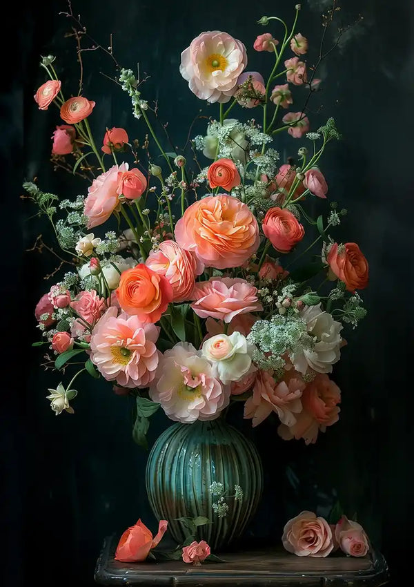 Een rustieke keramische vaas bevat een arrangement van verschillende bloeiende bloemen, waaronder roze pioenrozen, witte rozen en takjes groen. Het Bloemenpracht in Keramiek Schilderij van CollageDepot legt de bloemen subtiel tegen een donkere, gedempte achtergrond die doet denken aan een bloemstukschilderij. Er zijn een paar bloemblaadjes op de onderstaande tafel gevallen.
