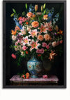 Een ingelijst schilderij toont een uitgebreid boeket van roze, oranje en witte bloemen, waaronder lelies en anjers, in een decoratieve blauw-witte vaas. Het arrangement staat op een tafel versierd met een roze kleed, tegen een donkere achtergrond. Dit meesterwerk is getiteld "aab 240 AI" door CollageDepot.,Zwart-Zonder,Lichtbruin-Zonder,showOne,Zonder