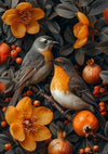 Twee vogels, één met een grijze kop en gele borst, de andere met een grijze rug en oranje borst, zitten op takken tussen oranje bloemen, rode bessen en kleine granaatappelvruchten. De achtergrond bestaat uit dichte donkergroene bladeren. Een perfecte scène voor een prachtig **Vogels Tussen Oranje Bloemen En Bessen Schilderij** van **CollageDepot** met behulp van een magnetisch ophangsysteem.