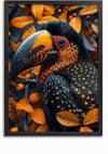 Een levendige vogel met een oranje snavel en zwarte veren, gedetailleerd met oranje vlekken, zit tussen oranje bladeren. Deze scène dient als prachtige wanddecoratie, waarbij de achtergrond ook meer oranje en zwarte bladeren bevat, waardoor de opvallende kleuren van het Oranje Gevlekte Vogel Schilderij van CollageDepot worden versterkt.,Zwart-Zonder,Lichtbruin-Zonder,showOne,Zonder