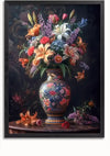 Een ingelijst schilderij toont een gedetailleerd stilleven van een keramische vaas met kleurrijke bloemen, waaronder lelies, rozen en seringen, tegen een donkere, ingewikkelde achtergrond. Sommige bloemblaadjes en bloemen liggen verspreid op het houten tafeloppervlak. Dit prachtige wanddecor kan eenvoudig worden opgehangen met het Een Boeket in Vazenpracht Schilderij van CollageDepot.,Zwart-Zonder,Lichtbruin-Zonder,showOne,Zonder