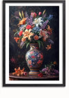 Een ingelijst schilderij toont een gedetailleerd stilleven van een bloemstuk in een decoratieve keramische vaas met patroon. Het arrangement bestaat uit witte lelies, roze rozen, oranje bloemen en paarse bloesems. Extra bloemen en bloemblaadjes liggen verspreid op de houten tafel als een elegant Een Boeket in Vazenpracht Schilderij van CollageDepot.,Zwart-Met,Lichtbruin-Met,showOne,Met