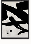 Een Kris Kras Door Het Schilderij ingelijst als wanddecoratie door CollageDepot, met zwarte penseelstreken op een witte achtergrond. De zwarte strepen variëren in dikte en kruisen elkaar diagonaal en horizontaal, met een kleine zwarte stip linksonder. Het frame is strak en zwart.,Zwart-Zonder,Lichtbruin-Zonder,showOne,Zonder