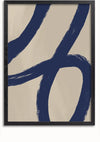 Een ingelijste wanddecoratie met stoere, marineblauwe abstracte penseelstreken op een beige achtergrond. De penseelstreken vormen twee grote lusvormen, met een getextureerde verfafwerking. Het Blue Octagonal Loop Schilderij van CollageDepot is gevat in een zwarte lijst met een glad, glanzend oppervlak en bevat een magnetisch ophangsysteem voor eenvoudige weergave.,Zwart-Zonder,Lichtbruin-Zonder,showOne,Zonder