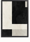 Een ingelijst geometrisch zwart-wit schilderij van CollageDepot heeft een minimalistisch ontwerp met zwart-witte rechthoekige vormen. De compositie omvat een grote zwarte rechthoek en kleinere witte en grijze vlakken strategisch geplaatst binnen de wanddecoratie, versterkt door een handig magnetisch ophangsysteem.,Zwart-Zonder,Lichtbruin-Zonder,showOne,Zonder