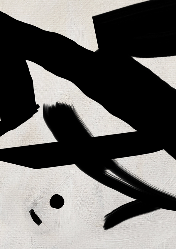 Abstracte wanddecoratie met opvallende zwarte penseelstreken op een witte achtergrond. Het Kris Kras Door Het Schilderij van CollageDepot bestaat uit dikke horizontale, diagonale en gebogen lijnen met een kleine stip in de linkerbenedenhoek. Getextureerde penseelvoering is zichtbaar in de witte gebieden. Perfect voor een magnetisch ophangsysteem.-