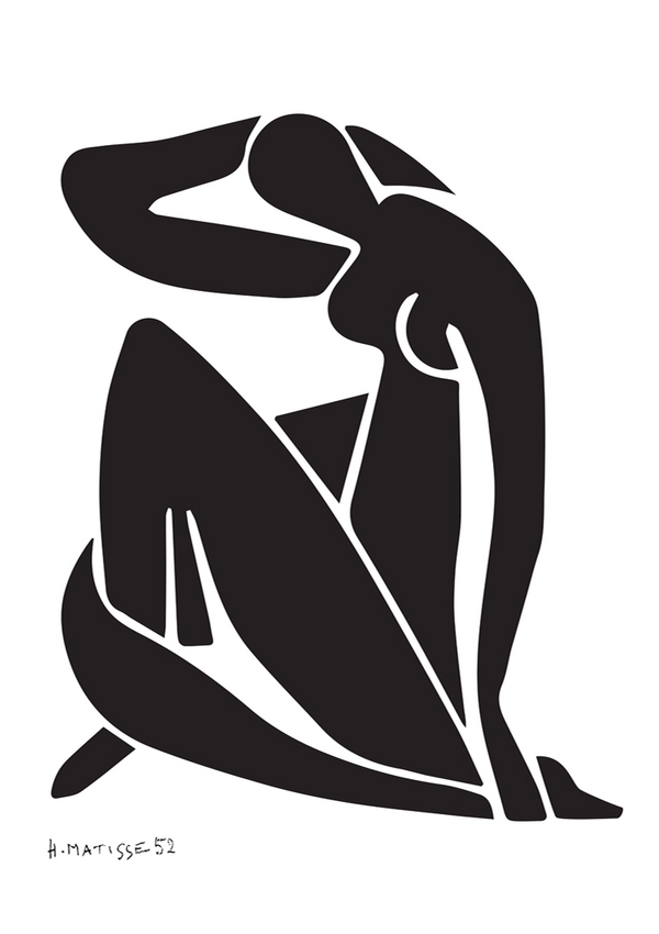 bc 035 - abstracte print van CollageDepot met een gestileerde en geabstraheerde figuur van een vrouw in een zittende houding, met de nadruk op vloeiende lijnen en minimalistische vorm. Gedateerd 1952.-