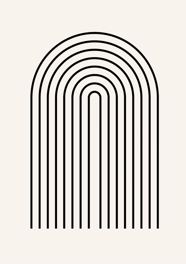 Een eenvoudige afbeelding van zwarte, verticale, gebogen lijnen op een beige achtergrond die een gestileerde weergave vormen van een ronde boog of deuropening - CollageDepot's bc 049 - abstract.-