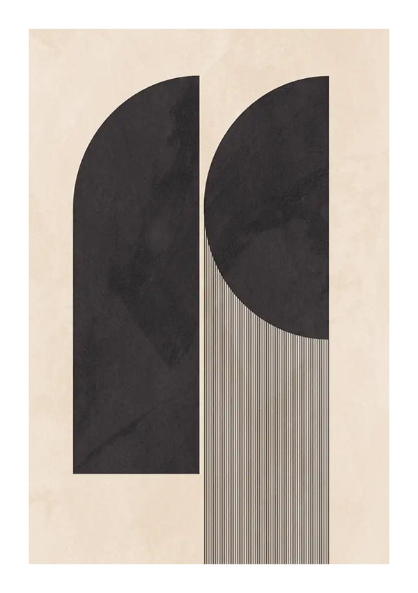 Abstracte kunstposter met twee opvallende zwarte vormen op een beige achtergrond; de linkervorm is een stevige halve cirkel en de rechter combineert een kwart cirkel met verticale strepen die zich naar beneden uitstrekken. Bekijk het CollageDepot bc 055 - abstract.-