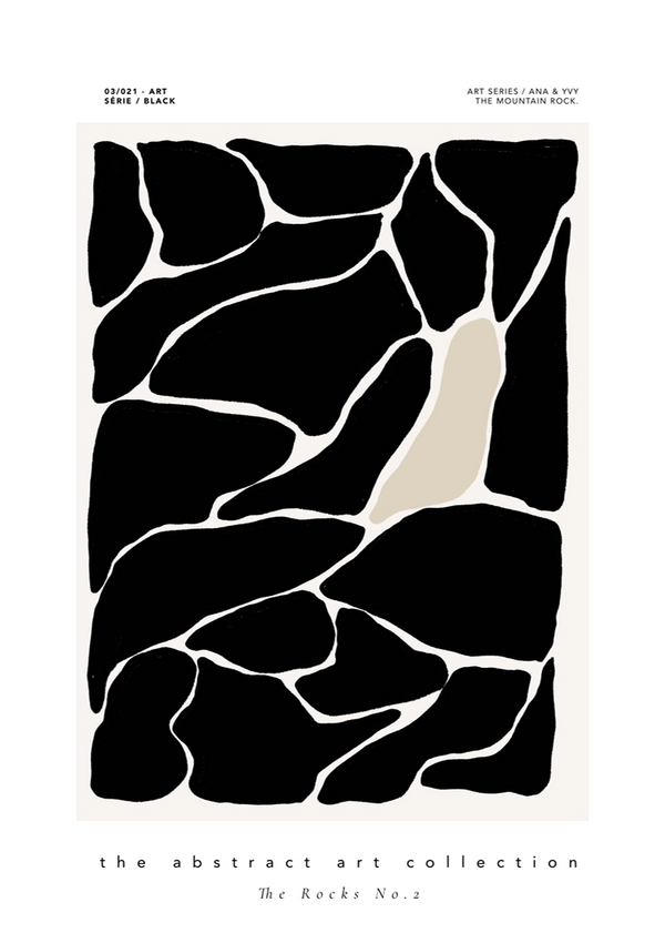 Abstracte zwart-wit kunstprint getiteld "bc 056 - abstract" uit de "Art Series: Anna W." met een reeks onregelmatige witte vormen omlijnd in zwart, die doen denken aan rotsen, op een effen zwarte achtergrond van CollageDepot.-