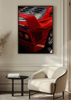 Een prachtig Ferrari F40-schilderij van CollageDepot hangt als wanddecoratie aan de muur en laat de slanke achterkant van de iconische sportwagen zien. Daaronder creëren een witte stoel met kussens en een kleine ronde zwarte tafel met een stapel boeken een gezellig leeshoekje. De witte lambrisering van de kamer en het natuurlijke licht versterken de serene sfeer, terwijl een plant met beige bladeren een vleugje natuur toevoegt aan de kamer.,Zwart