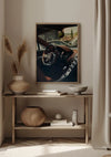 Een beige kamer is voorzien van een CollageDepot Bugatti Chiron Interior Schilderij van een luxe auto-interieur boven een houten consoletafel. Op de tafel staat een grote keramische vaas met gedroogd gras, een geweven mand, kleiner keramiek en een kom. Beige gordijnen en muren maken het minimalistische decor compleet.