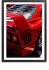 Foto van het achterste gedeelte van een rode Ferrari F40-sportwagen, met de nadruk op de achterlichten, het achterspatbord en het "F40"-embleem. Op de achtergrond is een deel van een ander voertuig van hetzelfde model en een scheidingswand voor een parkeerplaats te zien. Deze opvallende afbeelding is perfect als CollageDepot Ferrari F40 Schilderij met een eenvoudige zwarte rand.,Zwart-Met,Lichtbruin-Met,showOne,Met