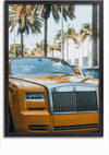 Een gele luxe cabriolet, die doet denken aan een Rolls Royce Phantom, staat geparkeerd in een straat vol palmbomen. De grille en koplampen van de auto zijn duidelijk zichtbaar, alsof een Gele Rolls Royce Phantom Schilderij tot leven is gekomen door CollageDepot. Andere voertuigen en gebouwen bevinden zich op de achtergrond.,Zwart-Zonder,Lichtbruin-Zonder,showOne,Zonder