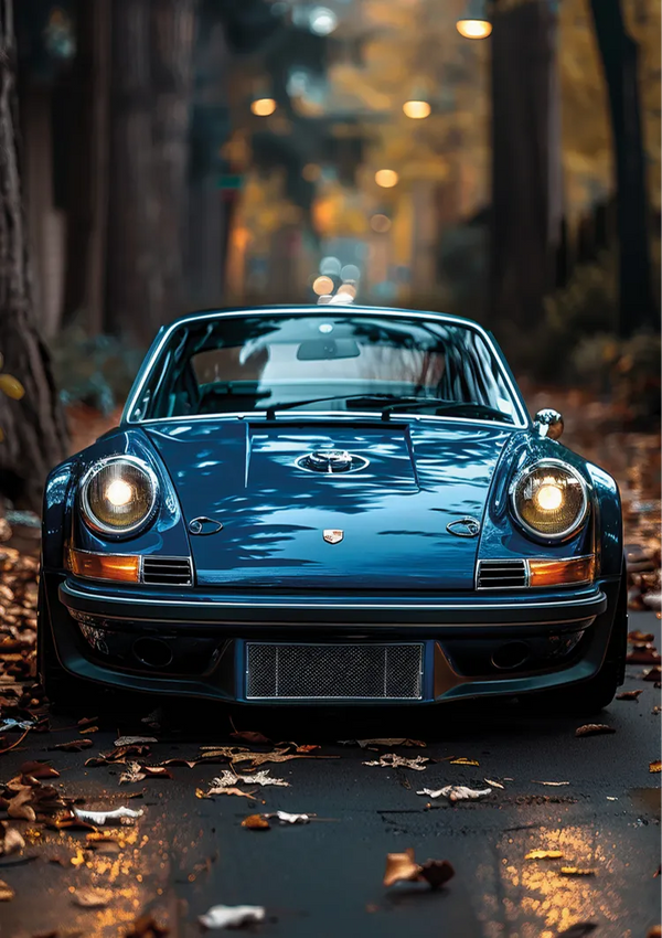 Een blauwe vintage aaa 131 - auto van CollageDepot met ronde koplampen staat geparkeerd op een met bladeren bezaaide weg omringd door hoge bomen. Het tafereel lijkt zich in de vroege avond af te spelen, met straatverlichting op de achtergrond. De koplampen van de auto zijn aan en verlichten het pad voor u.-