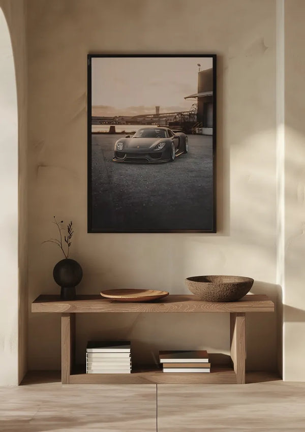 Het minimalistische interieur bestaat uit een houten consoletafel tegen een beige muur. Op de tafel staat een keramische kom, een houten dienblad en een decorstuk met kleine takken. Onder de tafel liggen verschillende gestapelde boeken. Boven de tafel hangt een ingelijst Porsche GT-schilderij van CollageDepot, dat een verfijnde wanddecoratie aan de kamer toevoegt.,Zwart