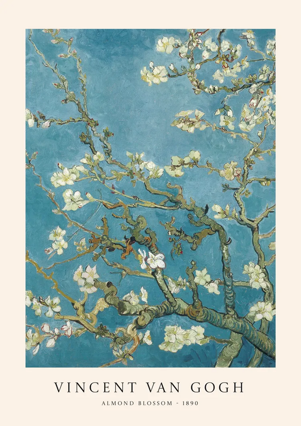 Een product met de titel "bcc 005 - gogh" van CollageDepot uit 1890. Het kunstwerk toont bloeiende amandeltakken tegen een blauwe lucht, met witte bloemen en groenbruine takken. De titel en de naam van de kunstenaar zijn onderaan in een beige rand geschreven.-