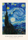Een schilderij met de titel "bcc 009 - gogh" van CollageDepot, gemaakt in 1889. Het kunstwerk toont een nachtelijke hemel met wervelende sterren, een halve maan en een rustig dorp beneden, met prominente cipressen op de voorgrond.-