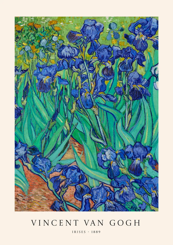 Een schilderij van Vincent van Gogh met de titel "Irissen - 1889", toont levendige blauwe irissen met groene stengels en bladeren tegen een achtergrond van groen gebladerte. De bloemen zijn gedetailleerd en gestructureerd en laten de kenmerkende penseelvoering en het kleurgebruik van Van Gogh zien. Dit V. Van Gogh Paarse Irissen Schilderij van CollageDepot is een prachtige wanddecoratie, vooral als het wordt tentoongesteld met behulp van een magnetisch ophangsysteem.-