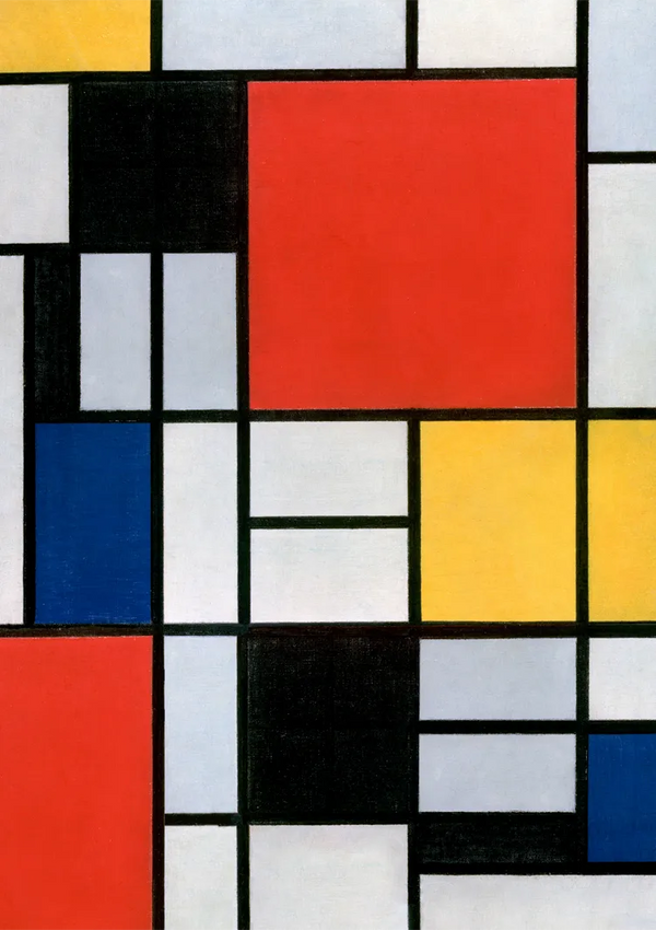 Een geometrisch abstract schilderij met zwarte rasterlijnen die rechthoeken en vierkanten vormen. De vormen zijn gevuld met primaire kleuren (rood, blauw, geel) en neutrale kleuren (wit, grijs, zwart) genaamd "ccc 015 - bekende schilders" van CollageDepot.-