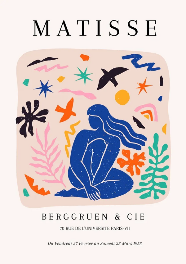 Affiche voor een Matisse-tentoonstelling bij Berggruen & Cie, 70 Rue de l'Université Paris-VII. Bevat een kleurrijk kunstwerk van een blauw figuur omringd door abstracte vormen. Tentoonstellingsdata zijn van 27 februari tot 28 maart 1953, in Franse tekst onderaan. Productnaam: ccc 019 - bekende schilders van CollageDepot.-