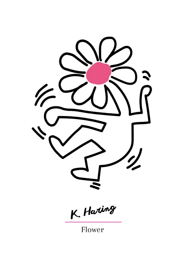 Een zwarte lijntekening van een persoon die een grote bloem met witte bloemblaadjes en een roze hart vasthoudt. De persoon lijkt te dansen of energiek te bewegen. De naam van de kunstenaar, K. Haring, en de titel 'Flower' staan onder de afbeelding geschreven. Dit item staat bekend als ccc 020 - bekende schilders van CollageDepot.-
