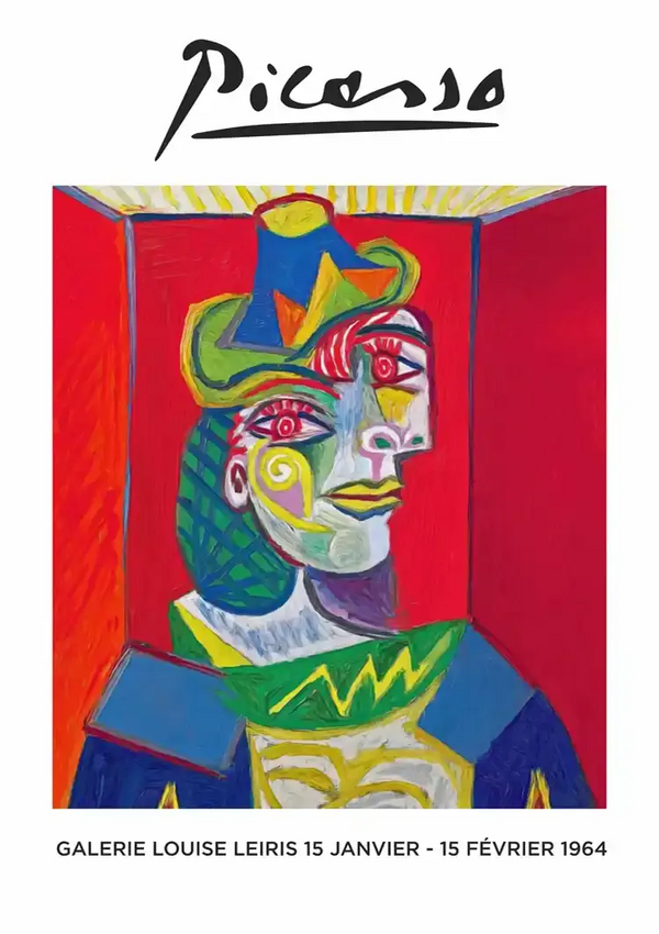 Een kleurrijk abstract portret van een persoon met een hoed, gemaakt door Picasso. Het kunstwerk wordt gedomineerd door rode, groene, blauwe en gele tinten. De tekst hierboven luidt 'Picasso'. Daaronder staat "Galerie Louise Leiris 15 Janvier - 15 Février 1964."Product: ccc 021 - bekende schildersMerknaam: CollageDepot-