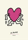 Illustratie door K. Haring met een roze hart met zwarte contouren, ontworpen met eenvoudige, cartoonachtige ledematen in beweging, wat suggereert dat het loopt of rent. Onder het hart zijn de naam van de kunstenaar en "ccc 039 - bekende schilders" geschreven in zwart en roze schrift. Dit product is verkrijgbaar bij CollageDepot.-