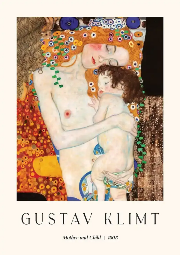 Een CollageDepot-product met de titel "ccc 078 - bekende schilders", gemaakt in 1905. Het toont een vrouw met rood haar die een kind omhelst. Beide zijn gedeeltelijk bedekt met decoratieve elementen. Onderaan staat de tekst "Gustav Klimt" en "Moeder en Kind | 1905".-