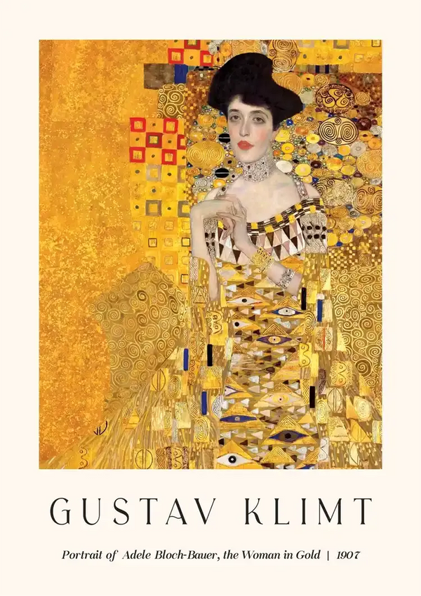 Een schilderij met de titel "Portret van Adele Bloch-Bauer, de vrouw in goud" van Gustav Klimt uit 1907. Het portret toont een vrouw versierd met kleding met gouden patronen tegen een gedetailleerde, goudrijke achtergrond, vergelijkbaar met de stijl vastgelegd in ccc 079 - bekende schilders van CollageDepot.-