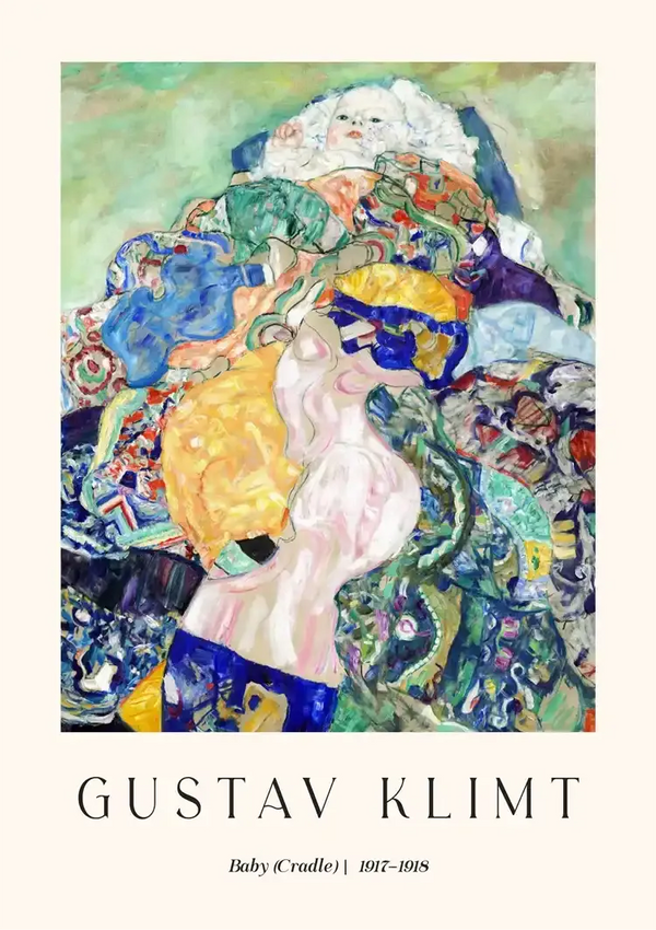 Een CollageDepot-product met de titel "ccc 082 - bekende schilders" toont een schilderij van Gustav Klimt met de titel "Baby (wieg)", gemaakt in 1917-1918. Het kunstwerk toont een baby omringd door kleurrijke, abstracte vormen en patronen, typisch voor Klimts stijl. Tekst onderaan bevat de naam van de kunstenaar en de titel van het werk.-