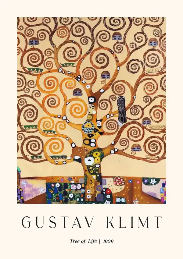 Een poster met het schilderij "Levensboom" van Gustav Klimt uit 1909, verkocht onder de productnaam "ccc 085 - bekende schilders" door CollageDepot, toont een gestileerde boom met wervelende takken en abstracte patronen. De onderste tekst luidt "GUSTAV KLIMT" en "Levensboom | 1909".-