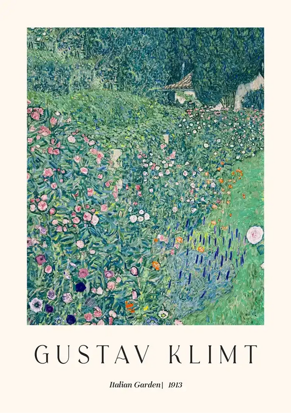 Een poster van CollageDepot getiteld "ccc 094 - bekende schilders." Het kunstwerk toont een weelderige tuin vol met verschillende kleurrijke bloemen en groen. Onderaan zijn de naam van de kunstenaar en de titel "Italian Garden | 1913" geschreven.-